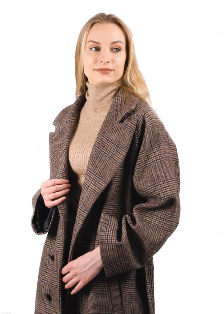 Chinchilla Fur Trimmed Wool Check Coat