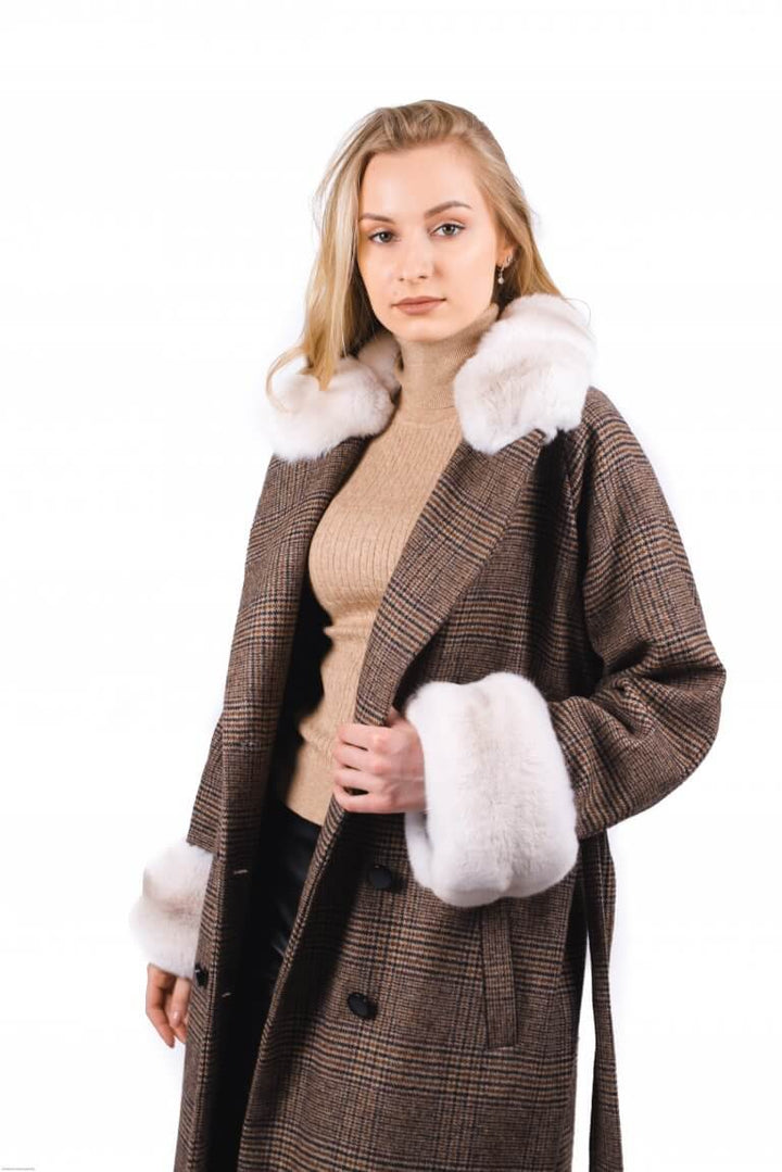 Chinchilla Fur Trimmed Wool Check Coat