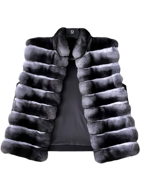 A sleeveless, luxurious Chinchilla Fur Vest for Men by FurbySD is showcased against a white background. The vest boasts horizontal paneling and a high collar, exuding elegance and warmth, making it an essential piece in luxury fashion while highlighting the significance of ethically sourced fur.