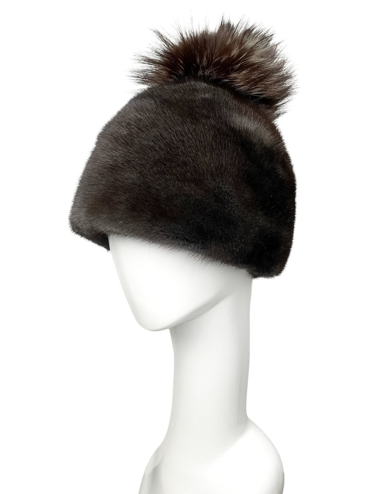 Top-Quality Dark Grey Mink Fur Hat with Fur Pom Pom