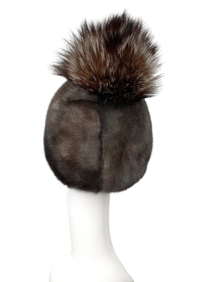 Real Mink Fur Hat with Fox Fur Pom Pom