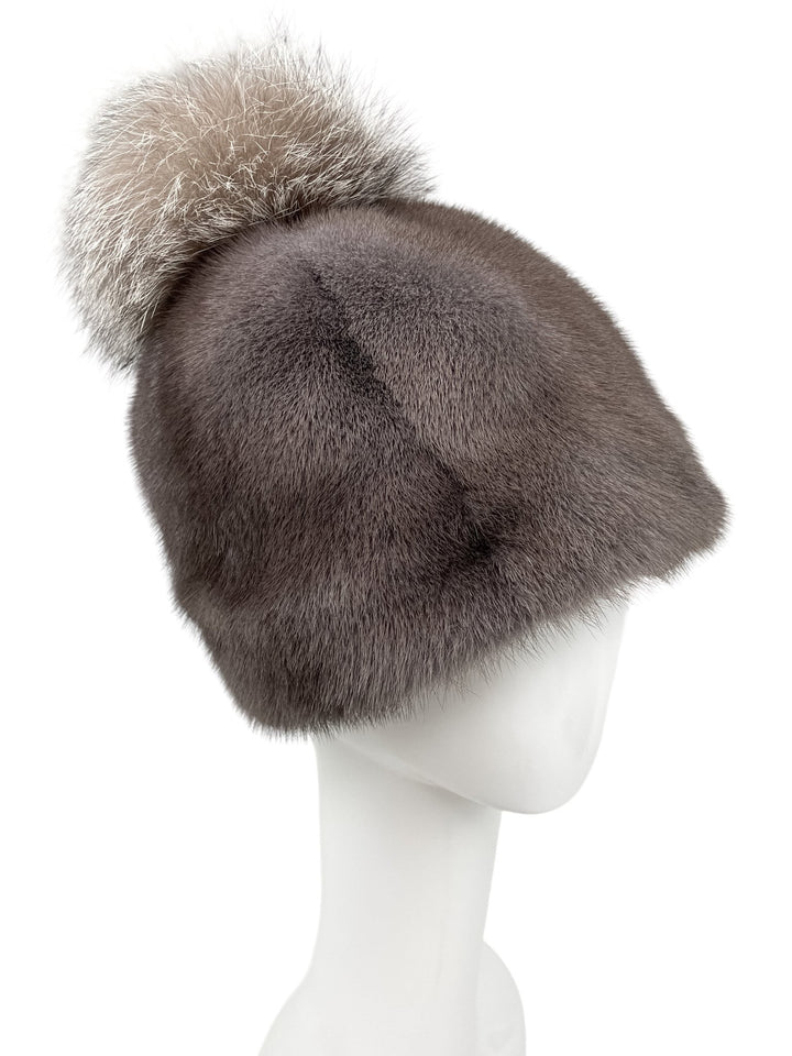 Real Mink Fur Hat With Fox Fur Pom Pom