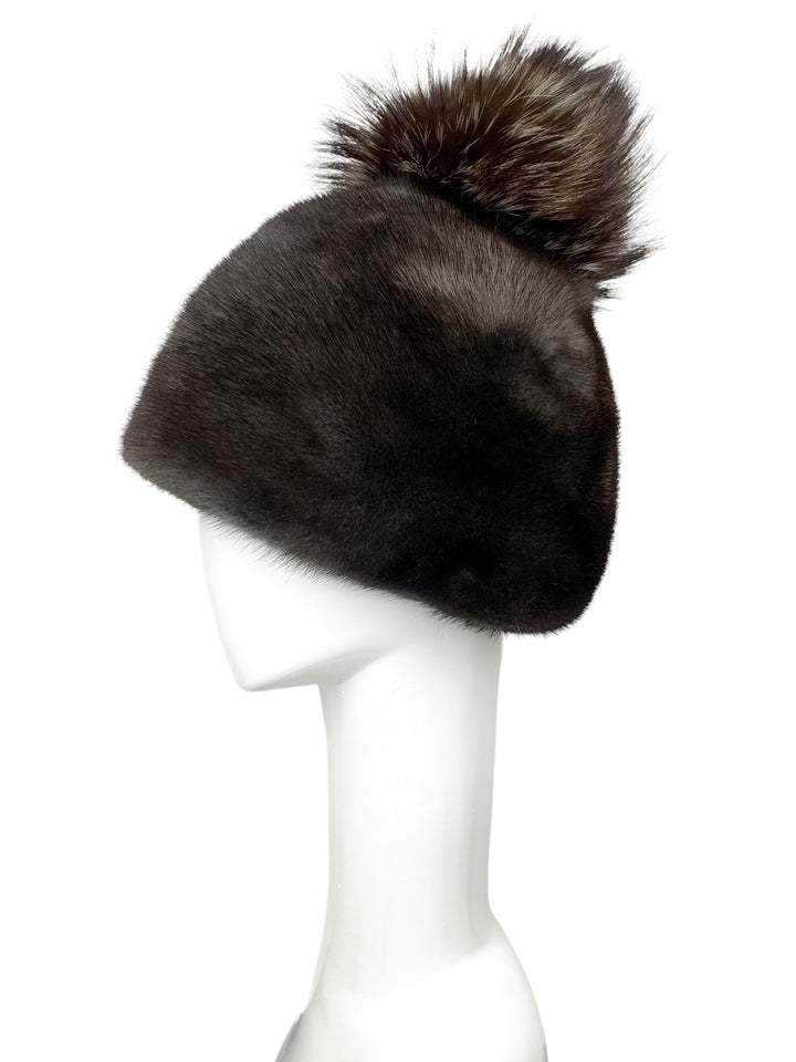 Real Mink Fur Hat with Fur Pom Pom