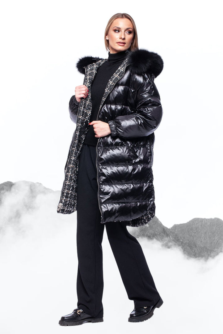 Black Tweed Puffer Jacket With Fox Fur Hood