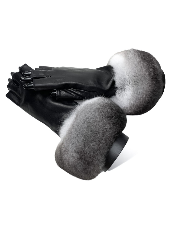 Introducing the Fingerless Gloves With Chinchilla Fur Trim by FurbySD, these elegant gloves are crafted from smooth Nappa leather and feature large, fluffy chinchilla fur cuffs. The luxurious texture of the fur is beautifully showcased against the sleek leather design.