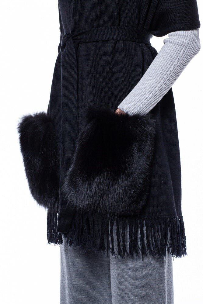 Fox Fur Pockets On A Black Merino Wool Scarf