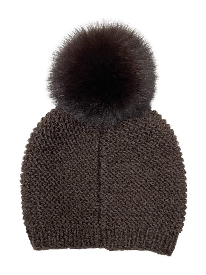 Cable Knit Merino Wool Beanie With Fox Fur Bobble