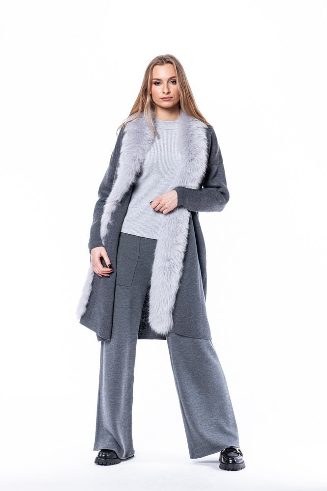 Luxury Fox Fur Trimmed Cardigan Coat
