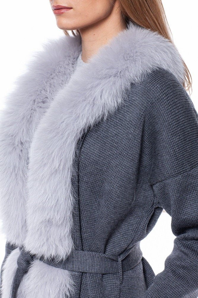 Merino Wool Cardigan Coat With Fox Fur Trim