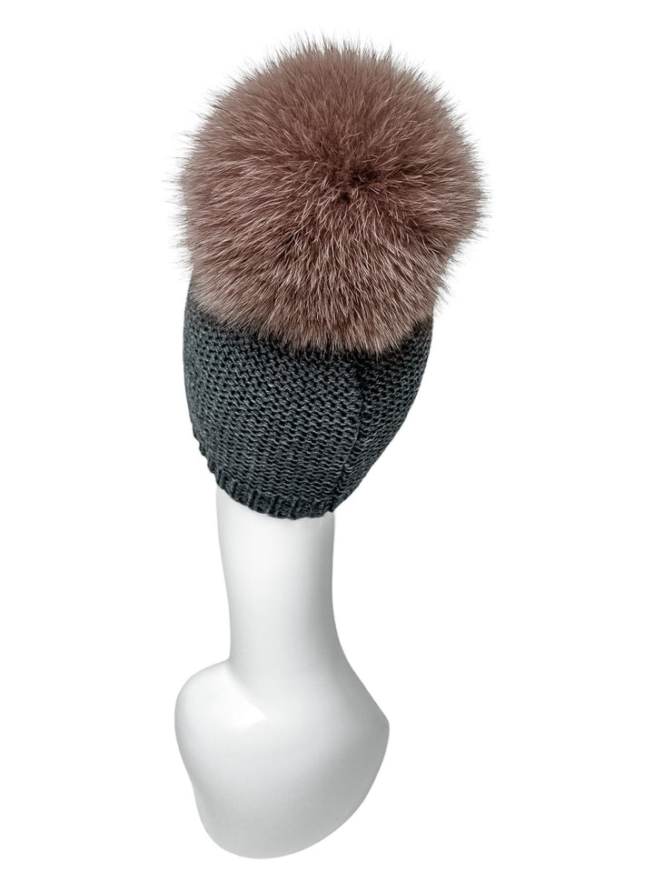 Grey Cable Knit Beanie Hat With Fox Fur Pom Pom