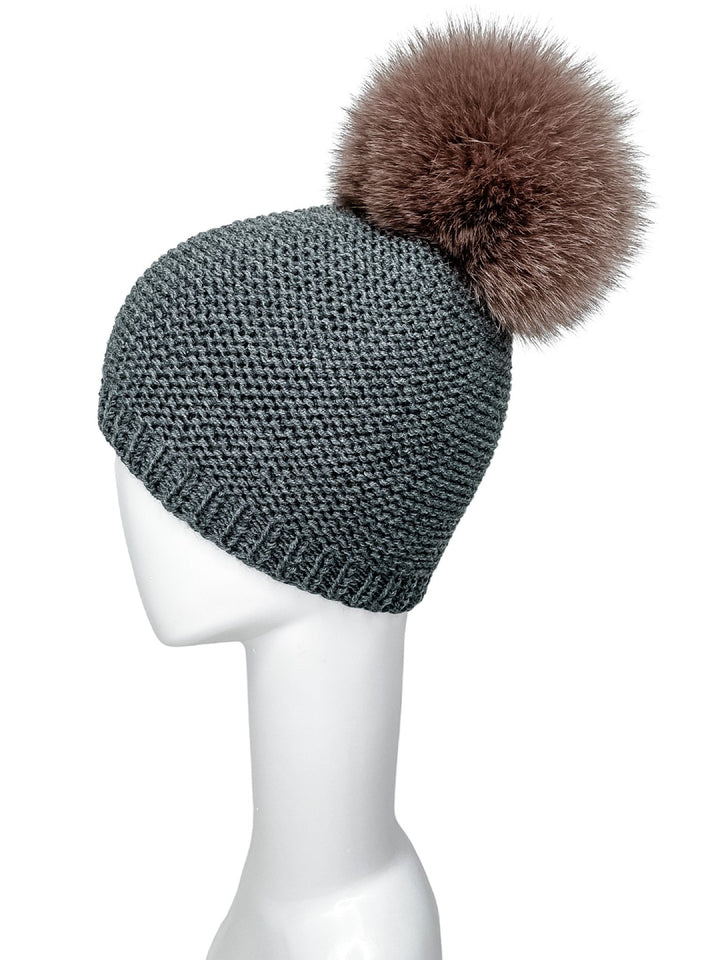 Grey Cable Knit Beanie With Fox Fur Tassel