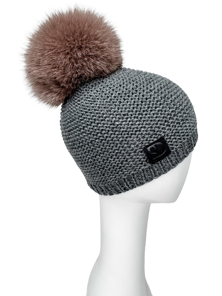 Grey Cable Knit Beanie With Fox Fur Bobble