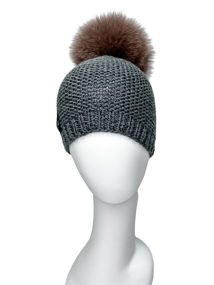 Grey Cable Knit Beanie With Fox Fur Pom Pom, front
