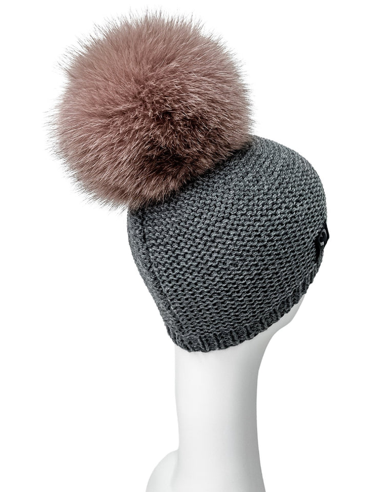 Grey Merino Wool Knit Beanie With Fox Fur Pom Pom