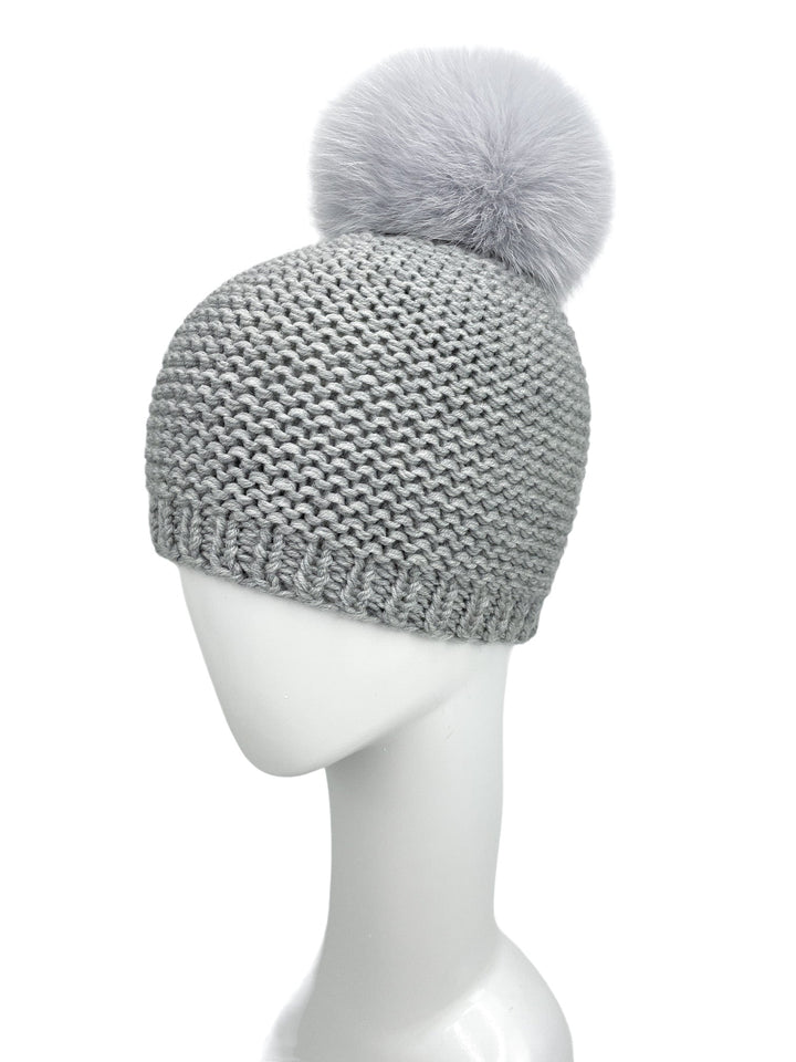Grey Wool Knit Beanie With Real Fox Fur Bobble