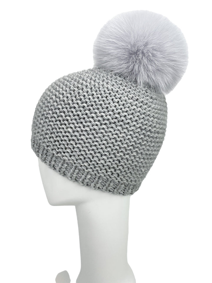Grey Cable Knit Beanie With Fox Fur Bobble