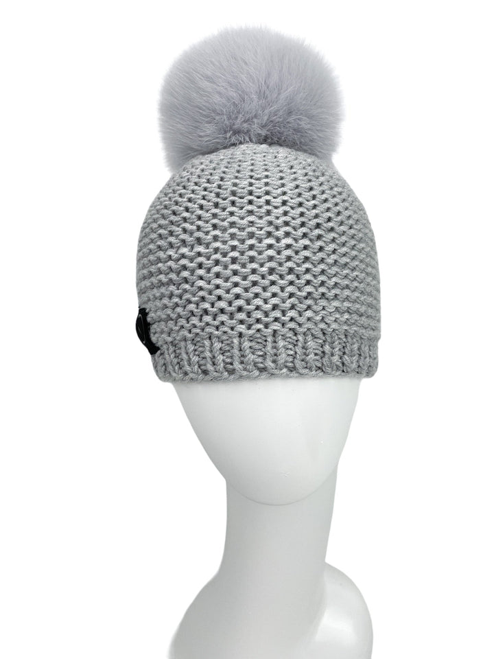 Grey Wool Knit Beanie Hat With Fur Pom Pom