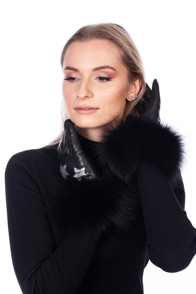 Black Lambskin Leather Gloves with Fox Fur