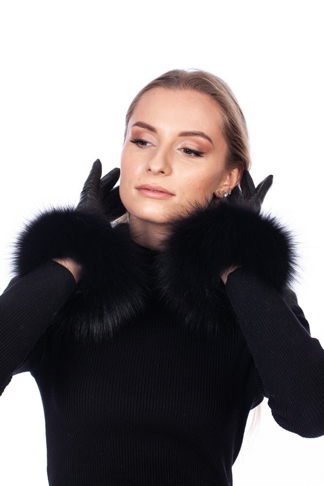 Black Winter Women's Lambskin Leather Gloves with Fox Fur Trim