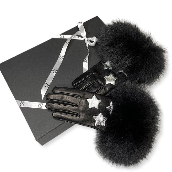 Black Leather Gloves With Fox Fur Ands Stars Shape Inserts