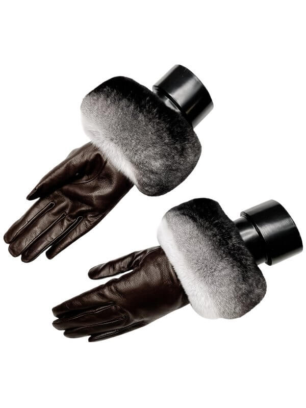 Brown Leather Gloves With Chinchilla Fur