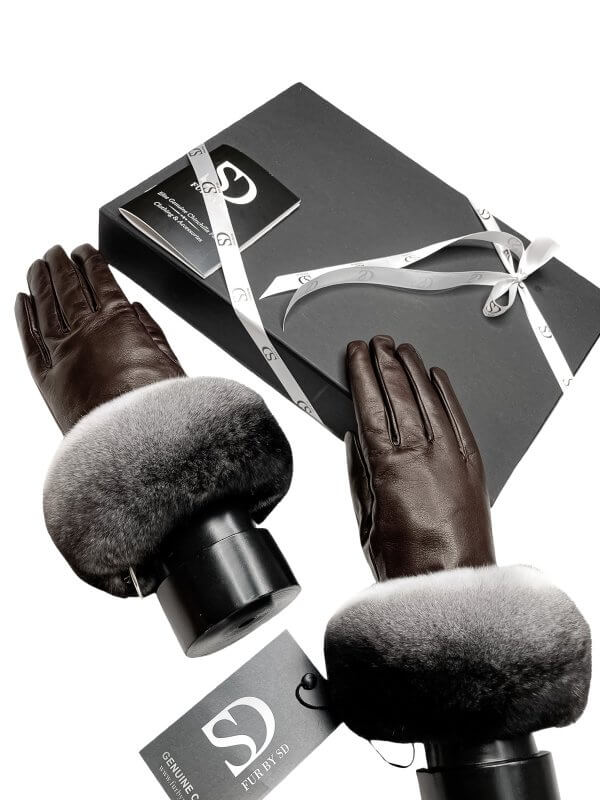 Brown Leather Gloves With Chinchilla Fur In FurbySD Gift Box