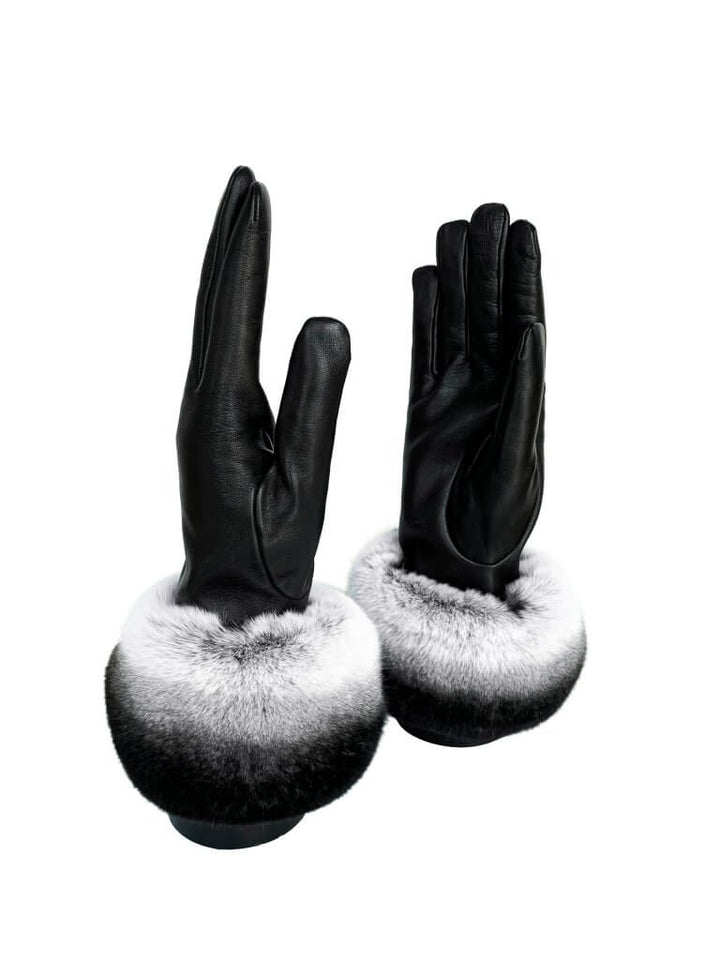 Black Leather Gloves with Chinchilla Fur Trim