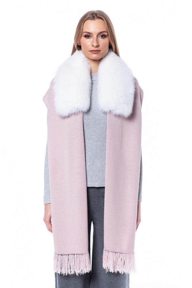 Pink Merino Wool Scarf With Fox Fur Collar
