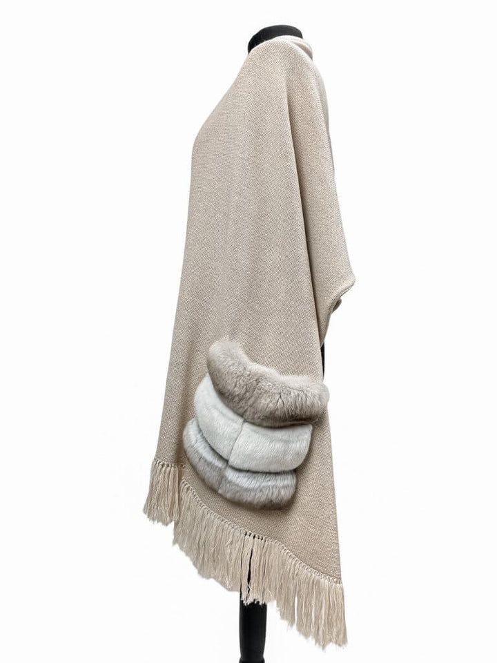 Merino Wool Shawl With Chinchilla Fur Pockets