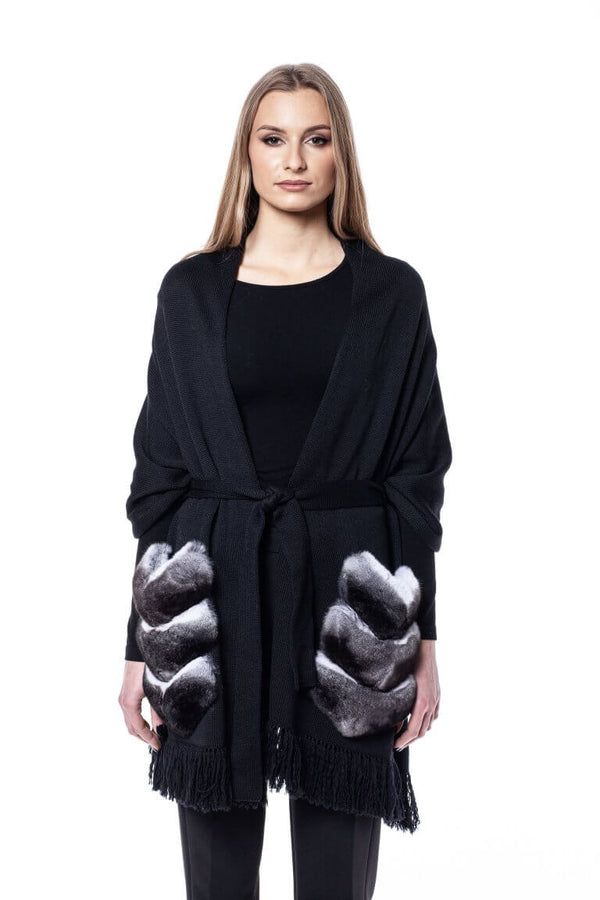 Merino Wool Shawl With Chinchilla Fur Pockets