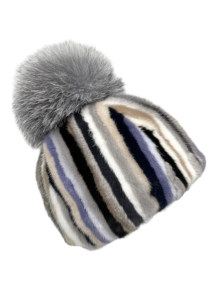 Mink Fur Hat With Silver Fox Fur Bobble