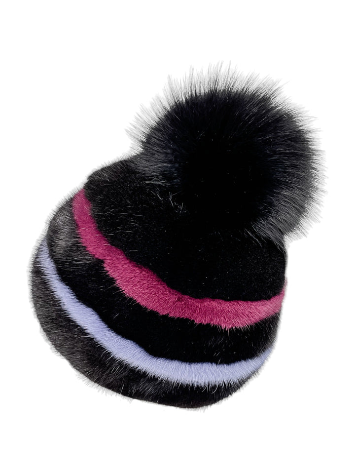 Warm Winter Fur Beanie With Black Fox Fur Pom Pom