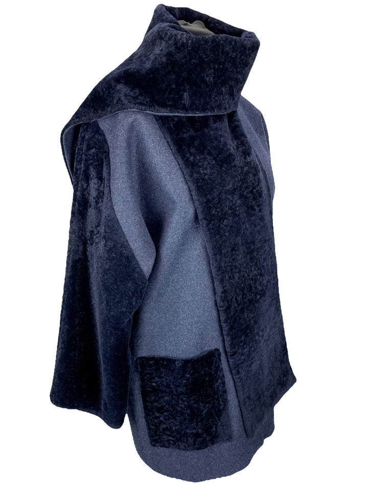 Navy Blue Shearling Oversized Coat With Scarf