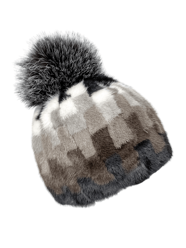 Patched Mink Fur Hat With Fur Bobble