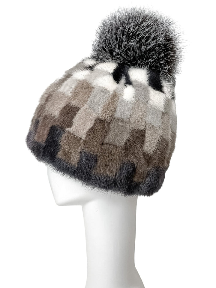 Patched Mink Fur Hat With Fur Tassel