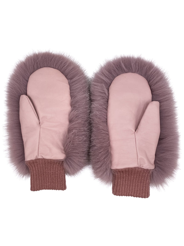 Pink Fox Fur Mittens With Leather Lined In Cashmere