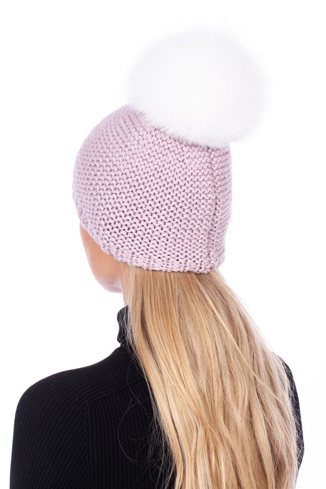 Pink Merino Wool Fox Fur Tassel Hat