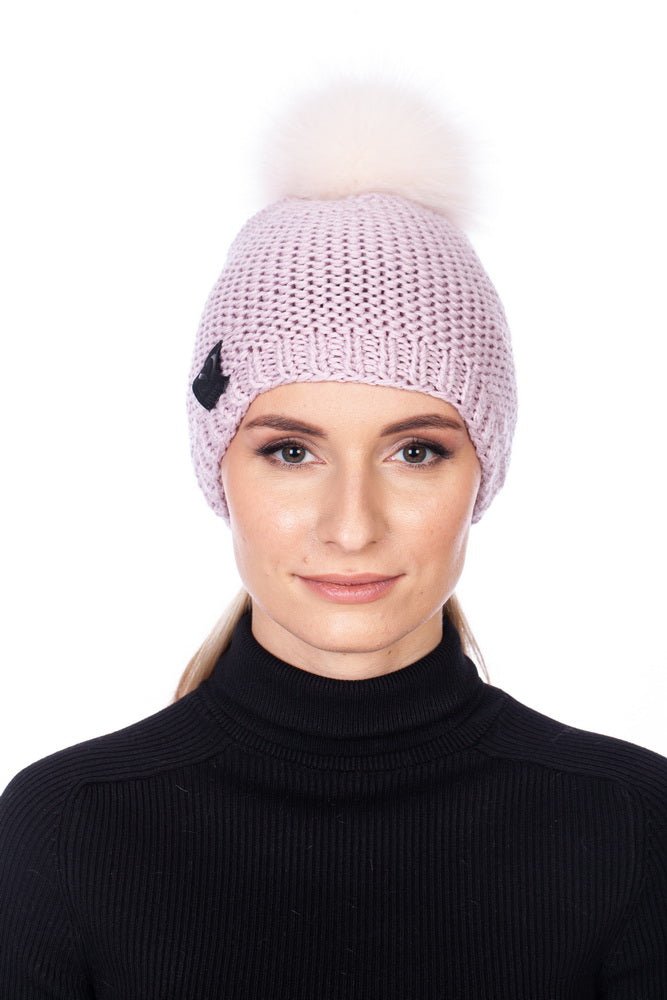 pink wool beanie hat with fur