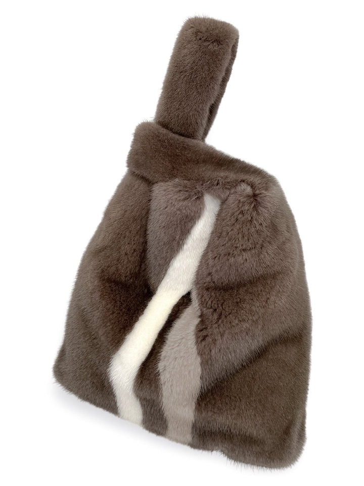 Real Brown Mink Fur Tote Bag With Stripes