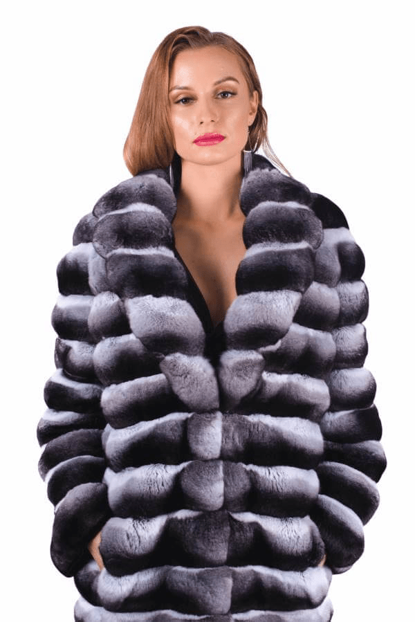Shawl Collar Chinchilla Fur Coat, close front