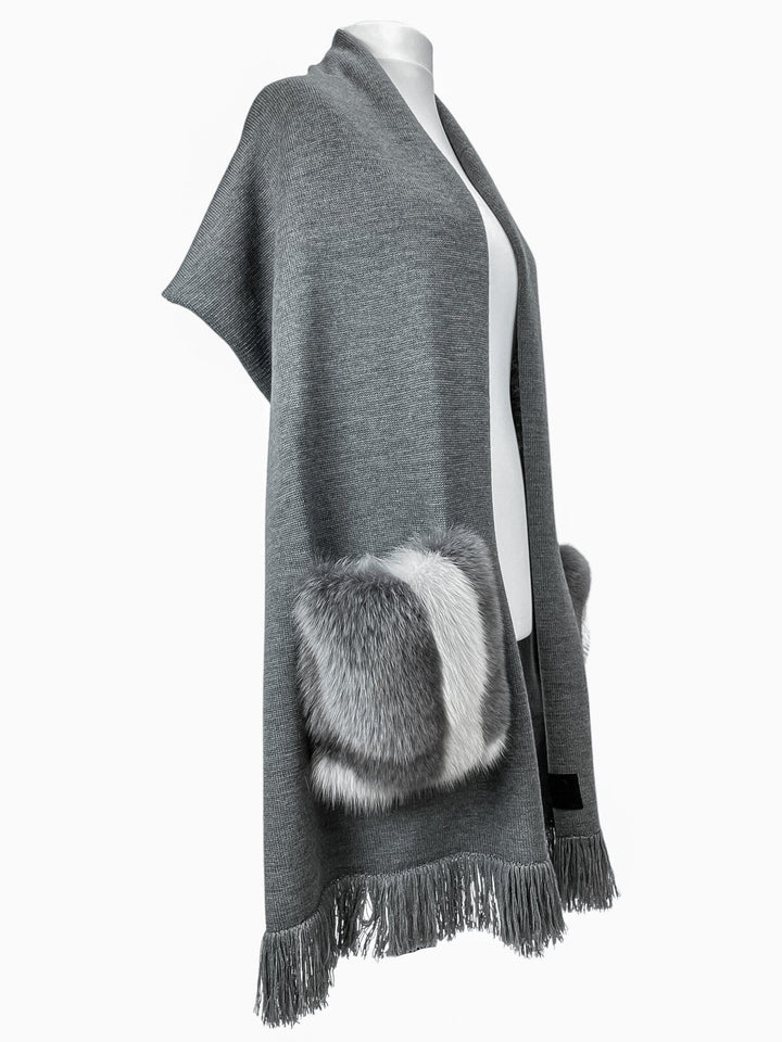 Marino Wool Stole With Fox Fur Pockets