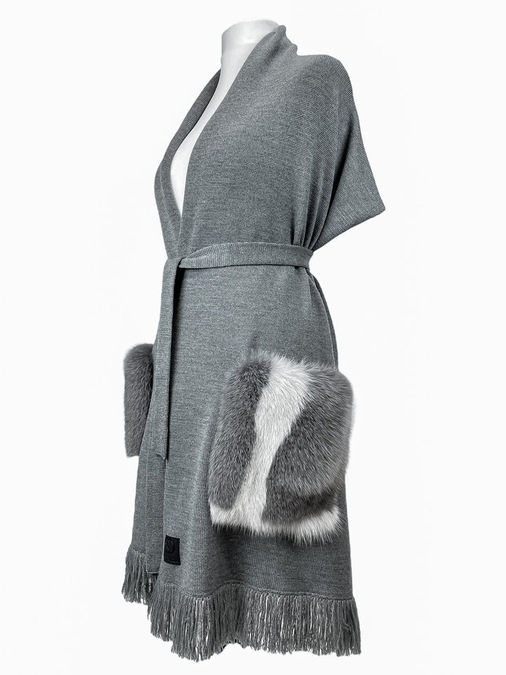 Grey Shawl With Fox Fur Pockets