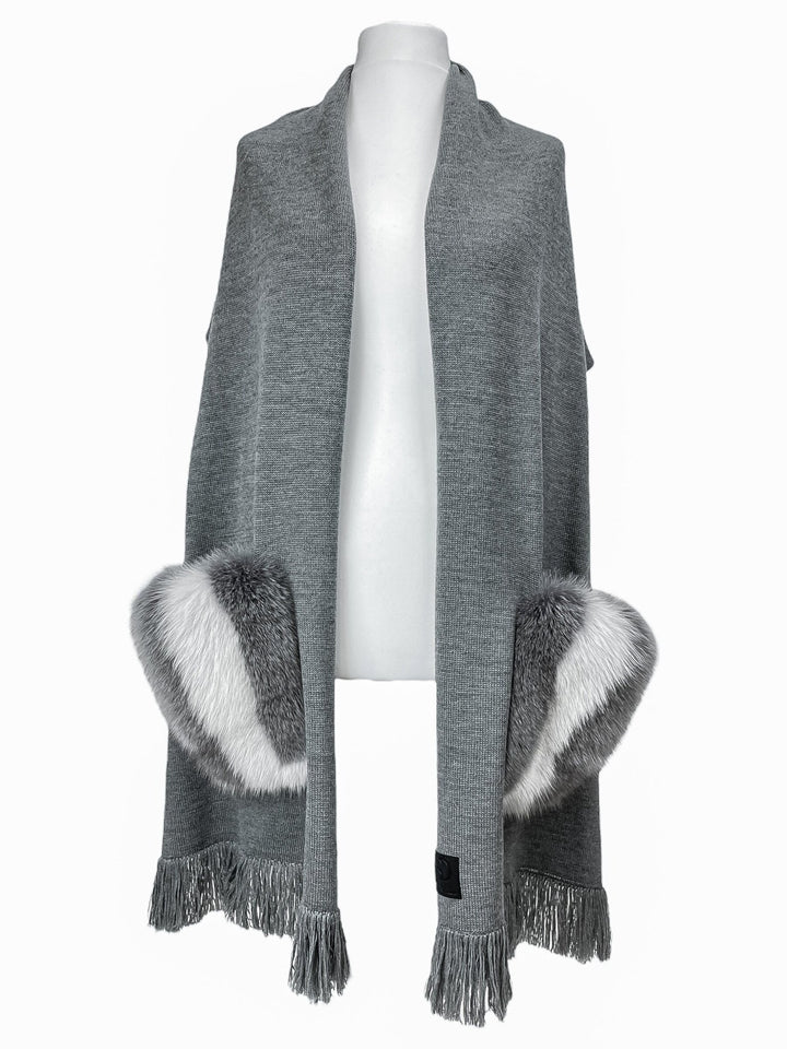 Merino Wool Shawl With Fox Fur Pockets