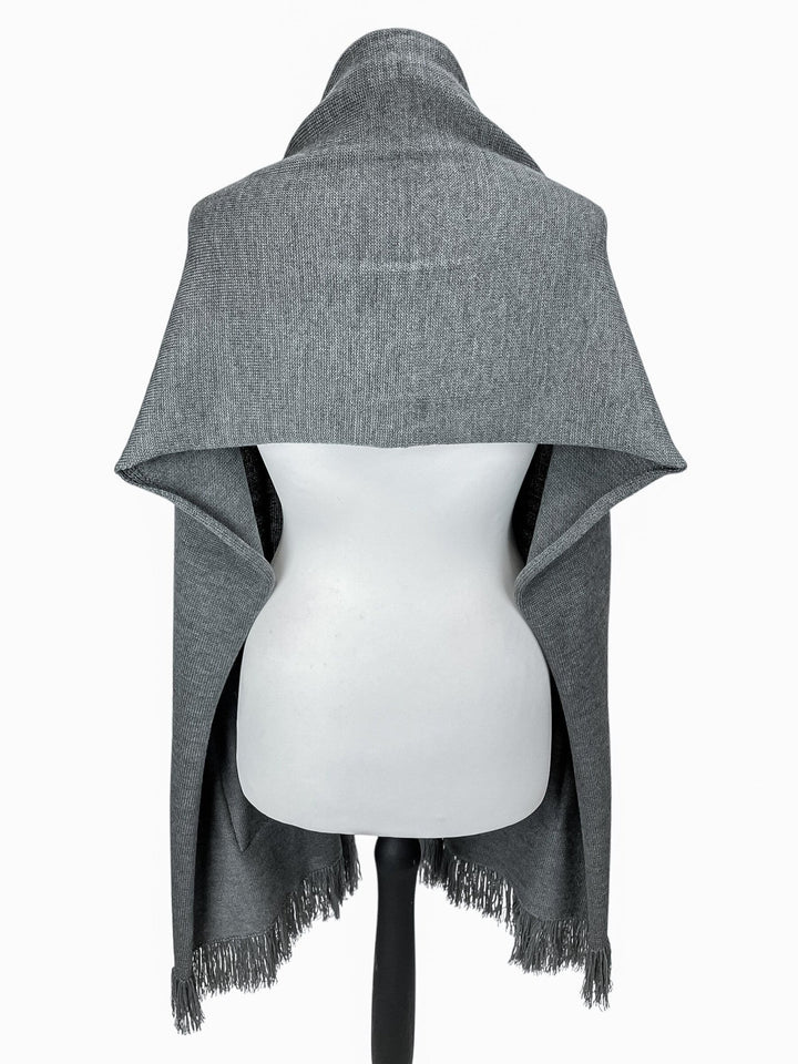 Grey Large Wool Scarf With Fox Fur Pockets