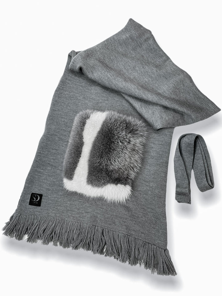 Wool Cape In Grey With Fox Fur Pockets