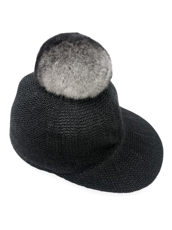 Black Baseball Hat With Fur Pom Pom